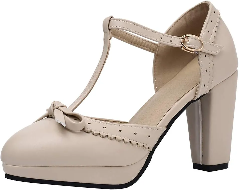 Caradise Womes T Strap Platform Heels Chunky Heeled Mary Janes Heels with Bow Pumps