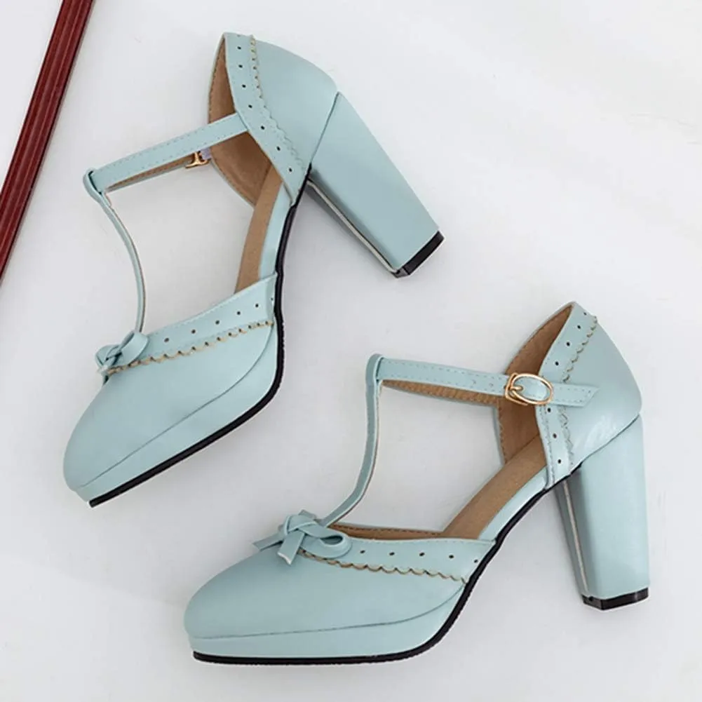 Caradise Womes T Strap Platform Heels Chunky Heeled Mary Janes Heels with Bow Pumps