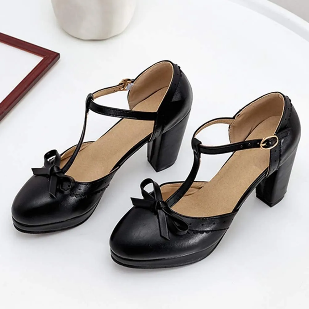Caradise Womes T Strap Platform Heels Chunky Heeled Mary Janes Heels with Bow Pumps