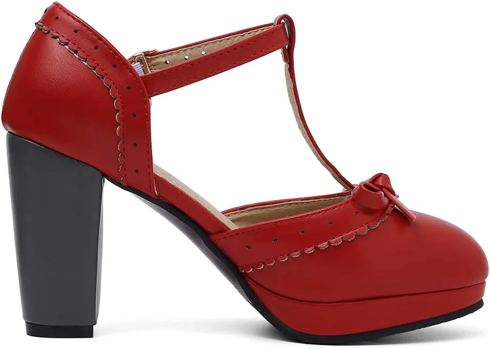 Caradise Womes T Strap Platform Heels Chunky Heeled Mary Janes Heels with Bow Pumps