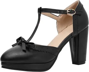 Caradise Womes T Strap Platform Heels Chunky Heeled Mary Janes Heels with Bow Pumps