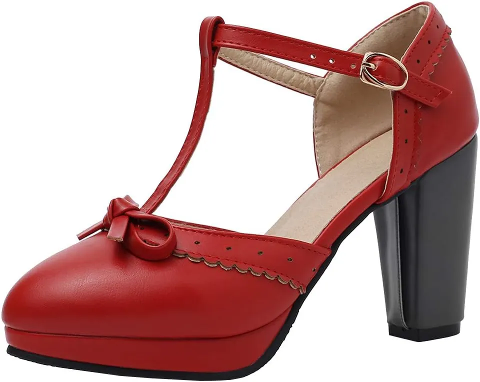 Caradise Womes T Strap Platform Heels Chunky Heeled Mary Janes Heels with Bow Pumps