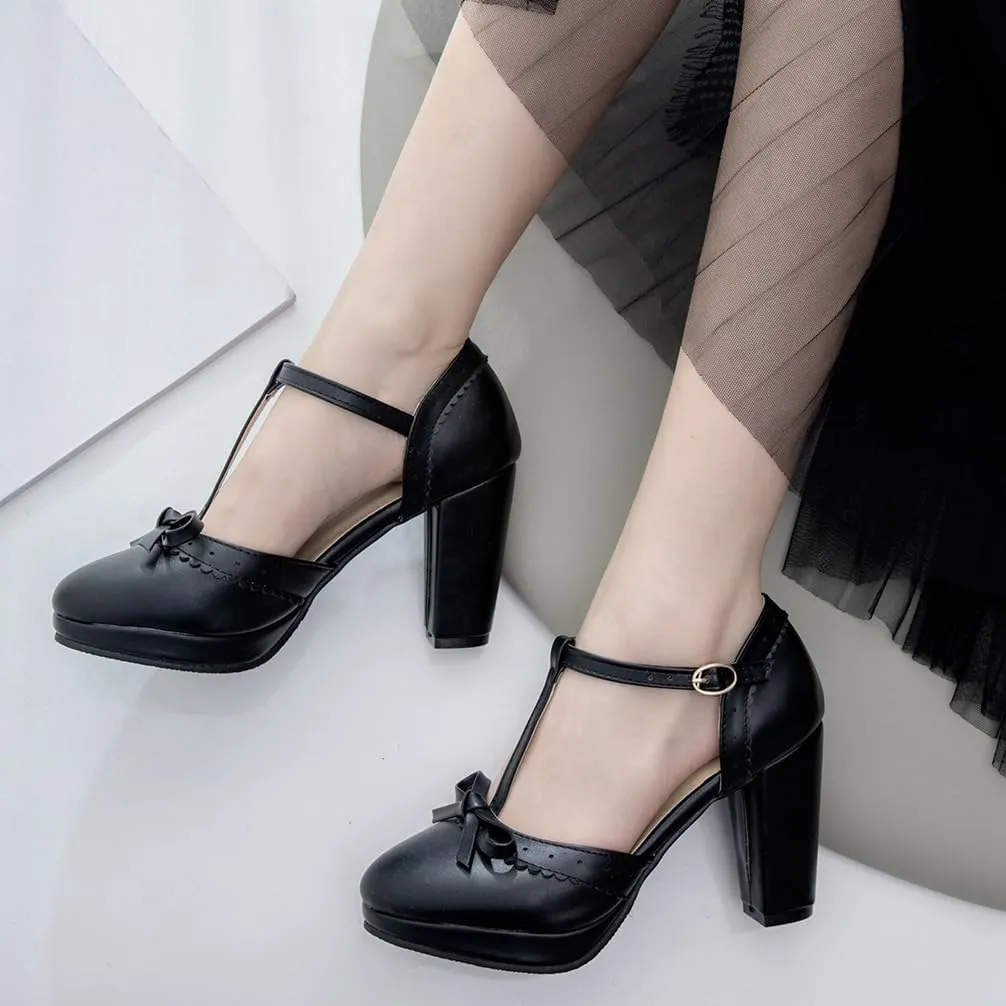 Caradise Womes T Strap Platform Heels Chunky Heeled Mary Janes Heels with Bow Pumps