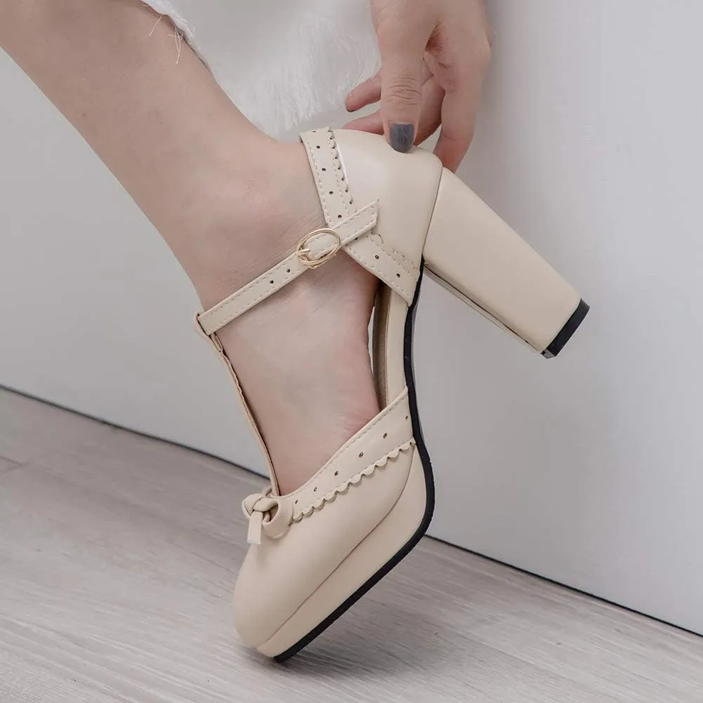 Caradise Womes T Strap Platform Heels Chunky Heeled Mary Janes Heels with Bow Pumps