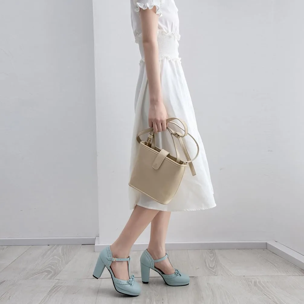 Caradise Womes T Strap Platform Heels Chunky Heeled Mary Janes Heels with Bow Pumps