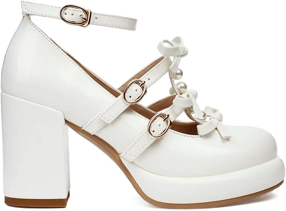 Caradise Womes T Strap Platform Heels Chunky Heeled Mary Janes Heels with Bow Pumps
