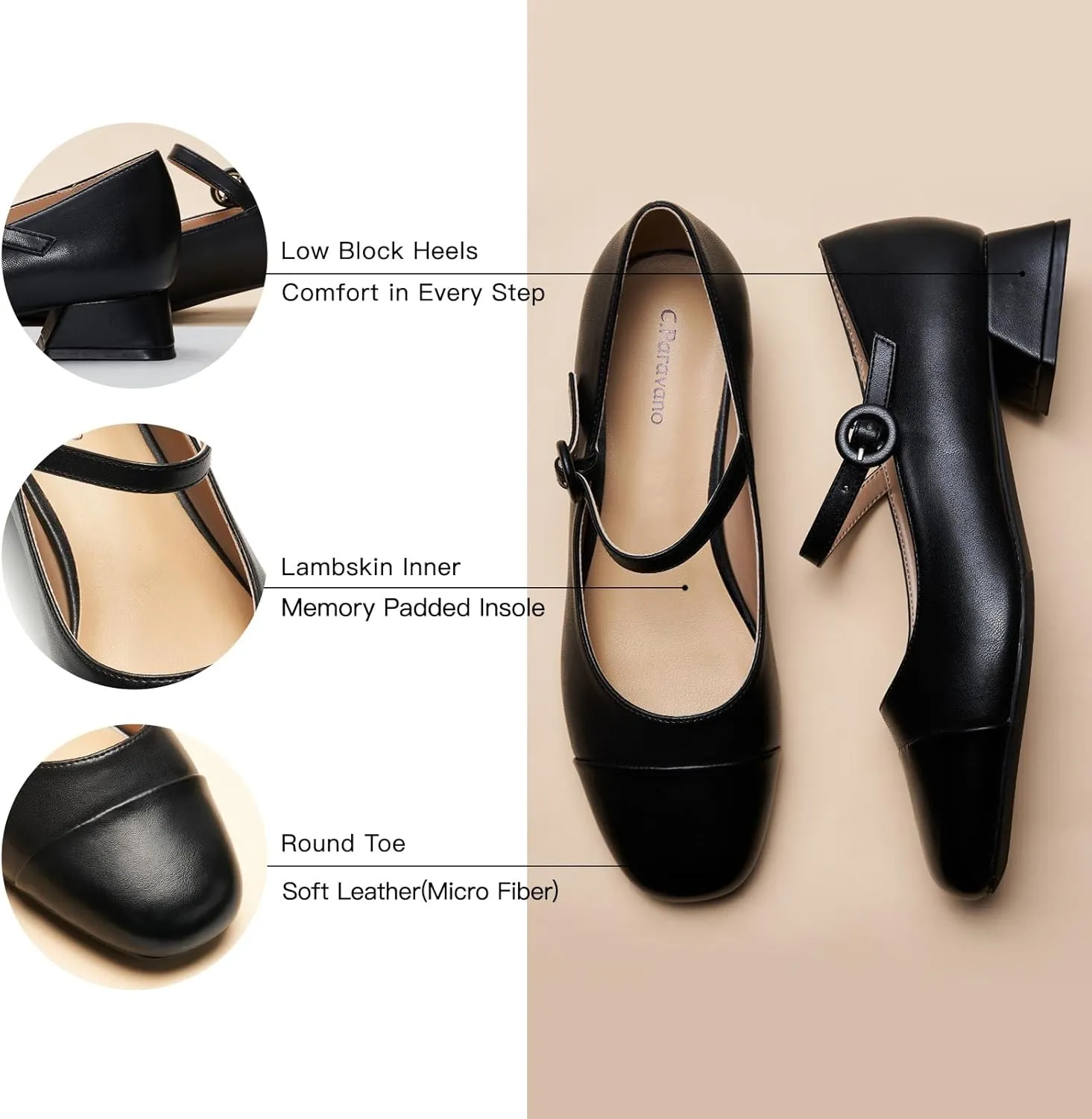 C.Paravano Women's Mary Jane Pumps Low Block Heel Ankle Strap Round Toe - Comfortable Dress Shoes for Work,Party,Wedding, Formal Events & Casual Outfits
