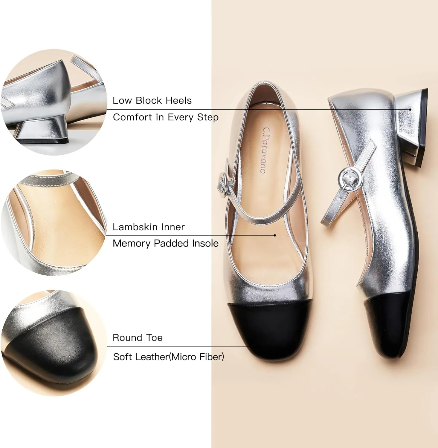 C.Paravano Women's Mary Jane Pumps Low Block Heel Ankle Strap Round Toe - Comfortable Dress Shoes for Work,Party,Wedding, Formal Events & Casual Outfits