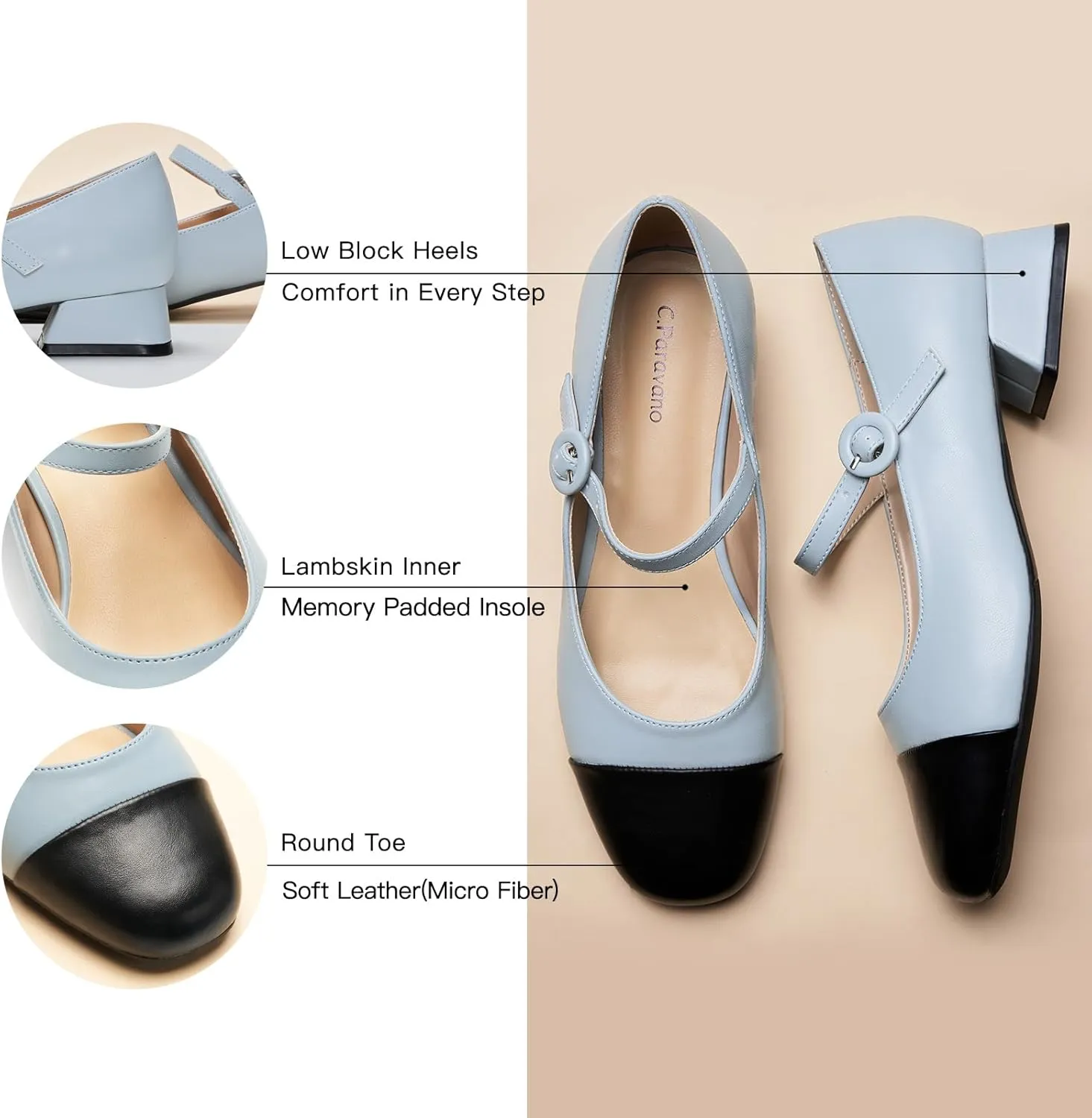 C.Paravano Women's Mary Jane Pumps Low Block Heel Ankle Strap Round Toe - Comfortable Dress Shoes for Work,Party,Wedding, Formal Events & Casual Outfits