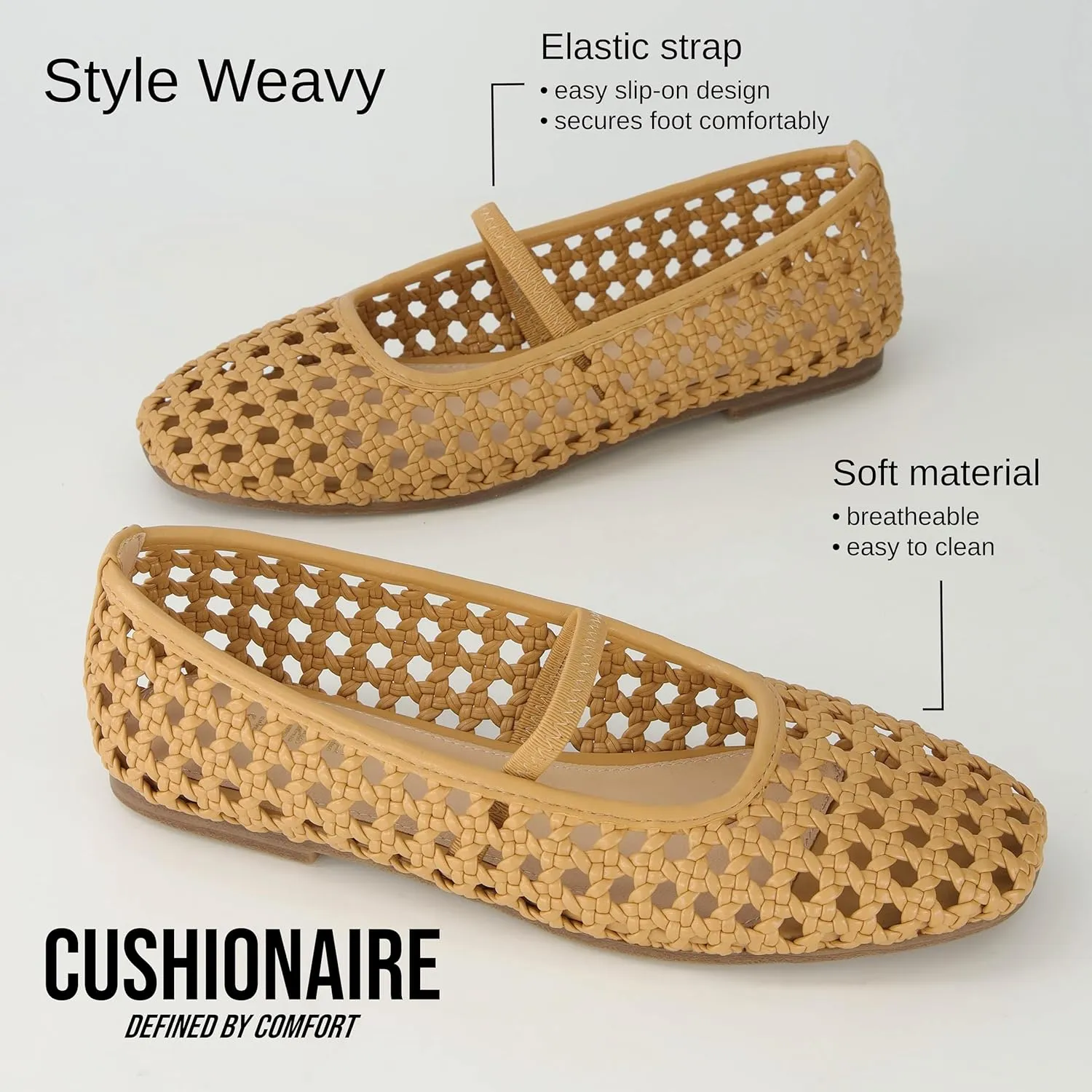 CUSHIONAIRE Weavy Squared Toe Woven Ballet Flats Shoes for Women with Memory Foam | Comfortable Mary Jane Flats for Women with Breathable Mesh Design | Wide Widths Available