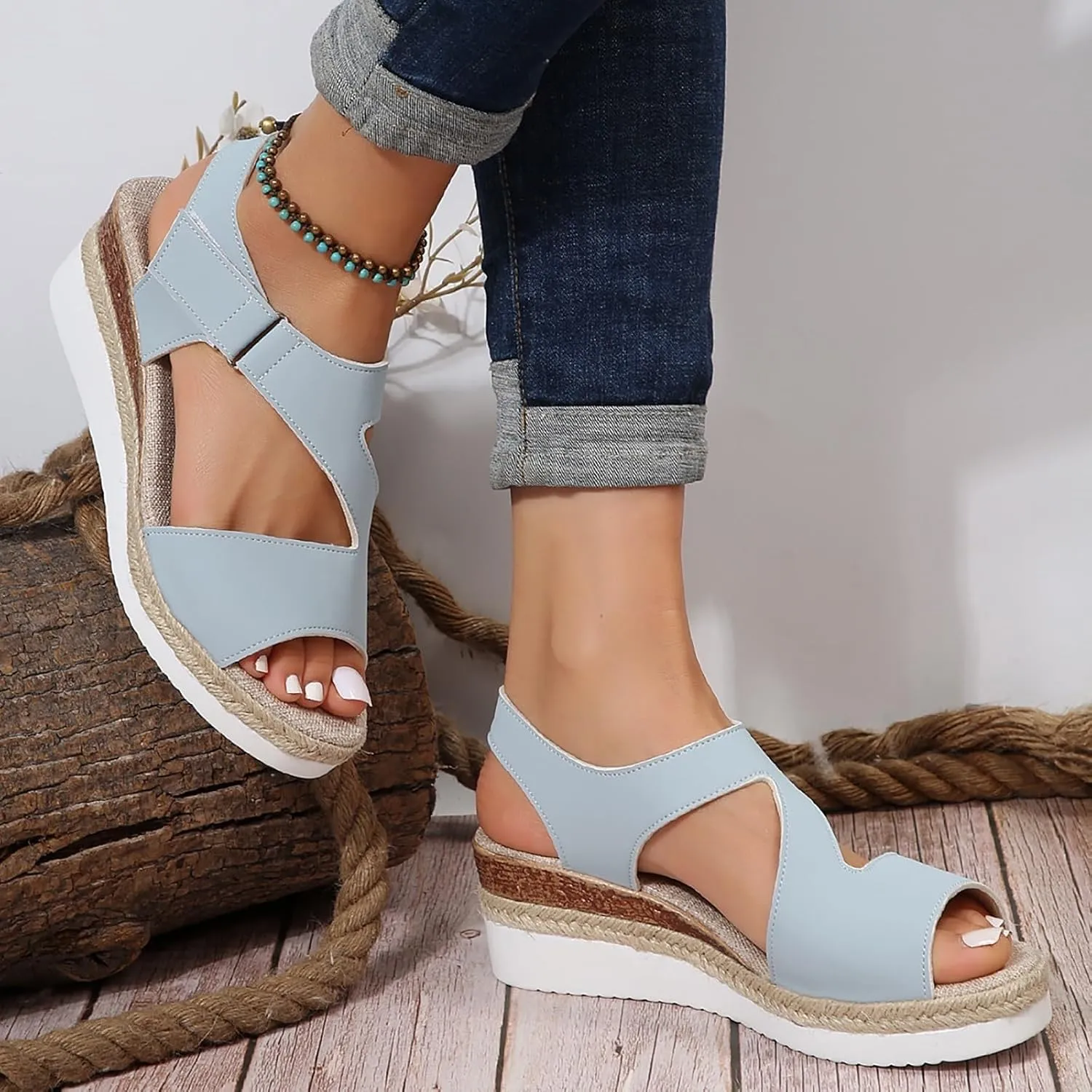 Cute Sandals for Women Dressy Ankle Strap Open Toe Platform Espadrille Wedges Summer Beach Casual Slides Shoes