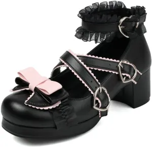 DINTAHA Womens Kawaii Goth Lolita Platform Shoes Chunky Mary Janes with Bow Cute Cosplay Shoes