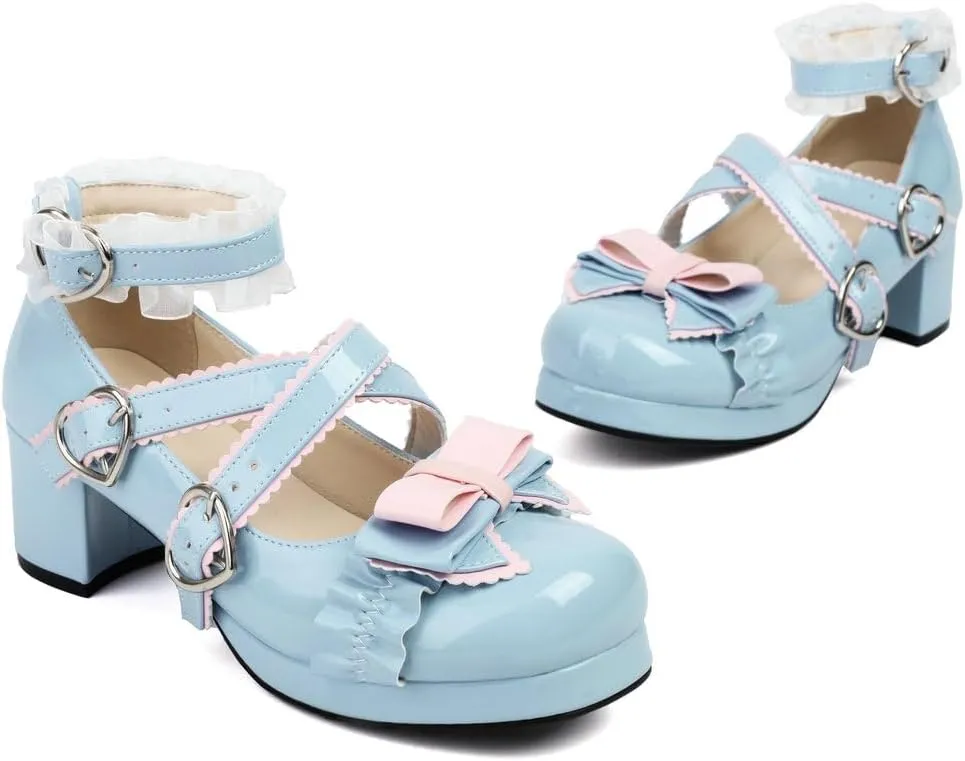 DINTAHA Womens Kawaii Goth Lolita Platform Shoes Chunky Mary Janes with Bow Cute Cosplay Shoes