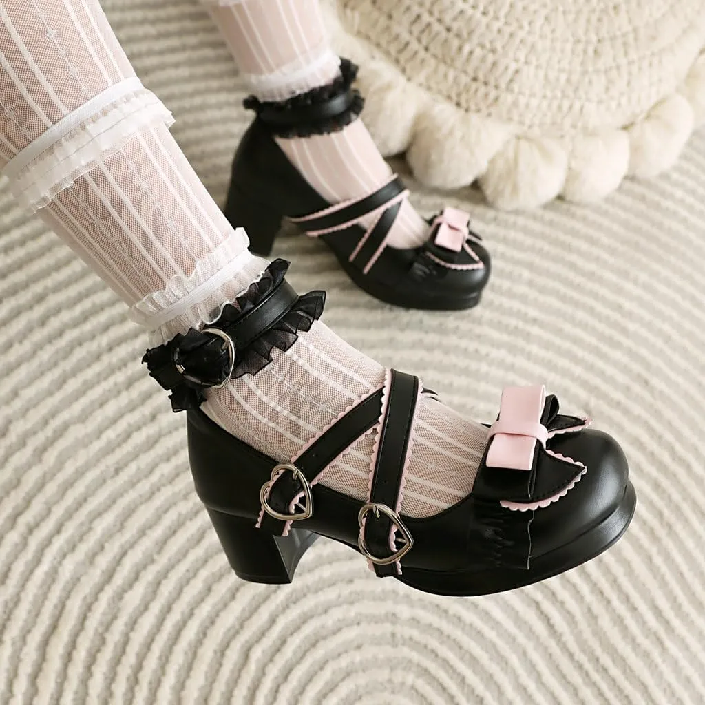 DINTAHA Womens Kawaii Goth Lolita Platform Shoes Chunky Mary Janes with Bow Cute Cosplay Shoes