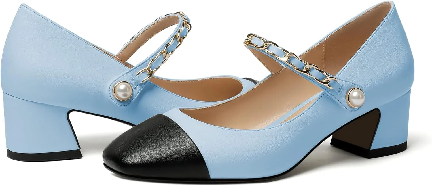 Eldof Women's Block Heeled Mary Janes Heels Square Cap Toe Low Chunky Heeled Pumps Office Wedding Dress Shoes 2 Inches