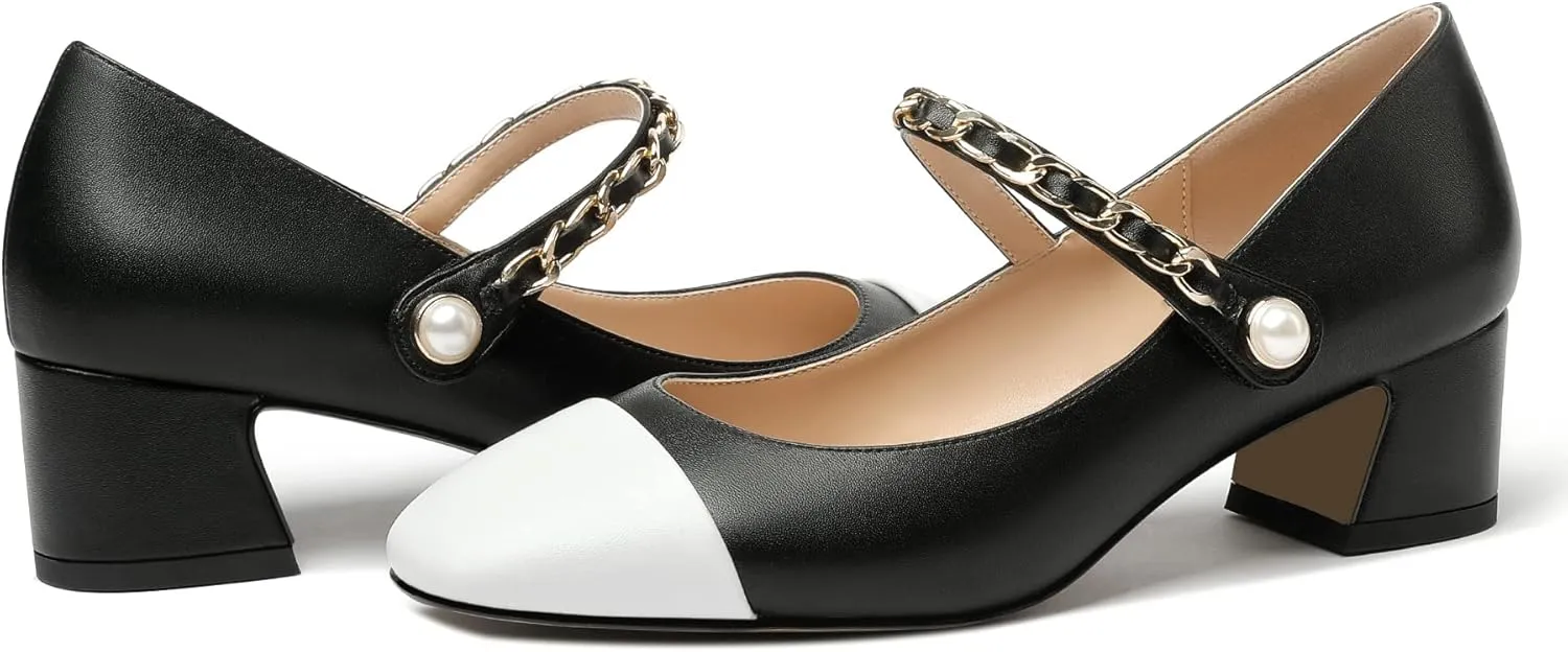 Eldof Women's Block Heeled Mary Janes Heels Square Cap Toe Low Chunky Heeled Pumps Office Wedding Dress Shoes 2 Inches