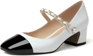 Eldof Women's Block Heeled Mary Janes Heels Square Cap Toe Low Chunky Heeled Pumps Office Wedding Dress Shoes 2 Inches