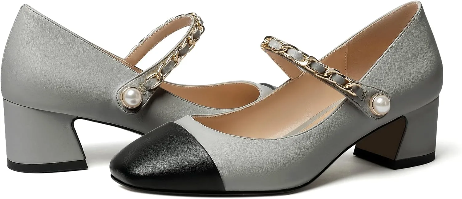 Eldof Women's Block Heeled Mary Janes Heels Square Cap Toe Low Chunky Heeled Pumps Office Wedding Dress Shoes 2 Inches