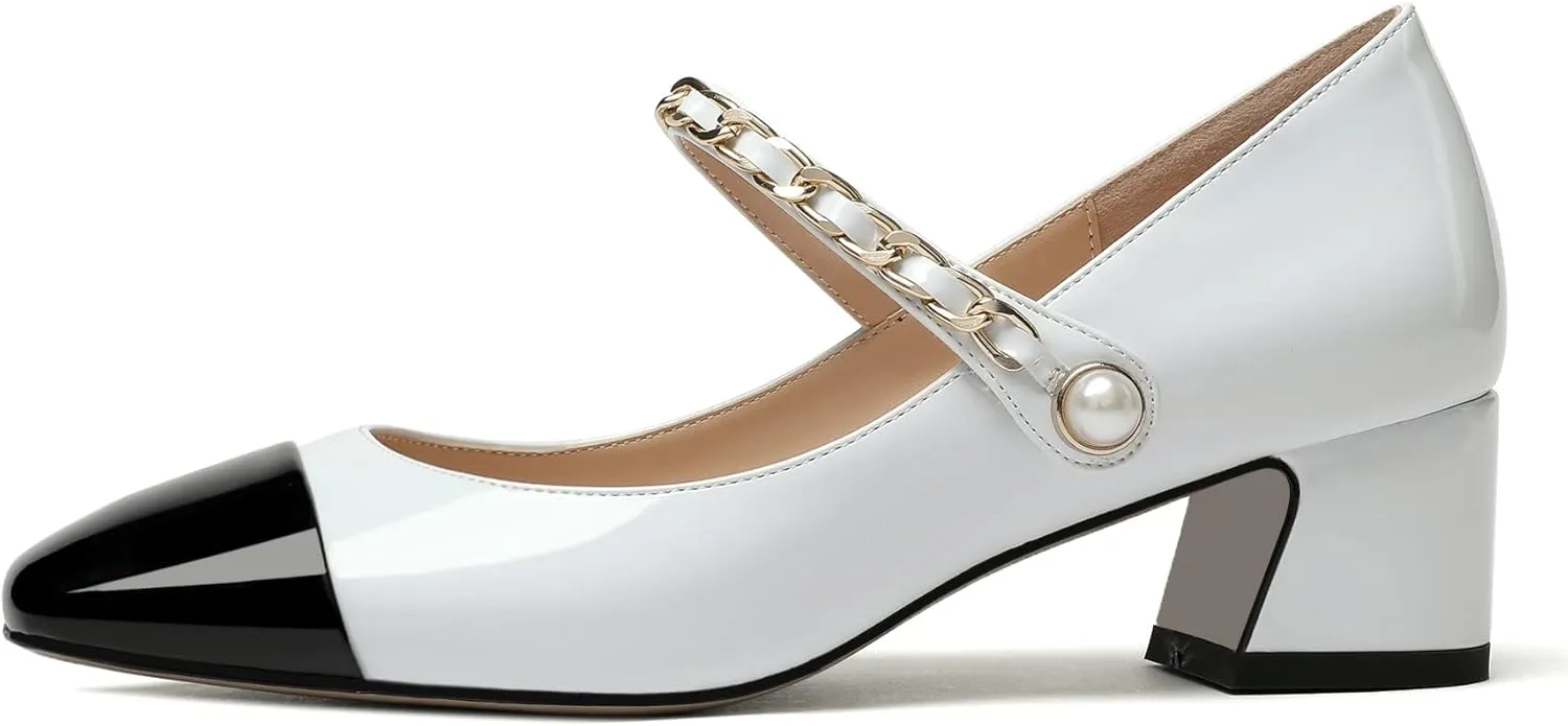 Eldof Women's Block Heeled Mary Janes Heels Square Cap Toe Low Chunky Heeled Pumps Office Wedding Dress Shoes 2 Inches
