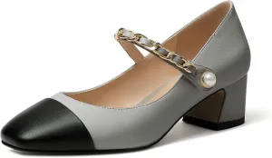 Eldof Women's Block Heeled Mary Janes Heels Square Cap Toe Low Chunky Heeled Pumps Office Wedding Dress Shoes 2 Inches