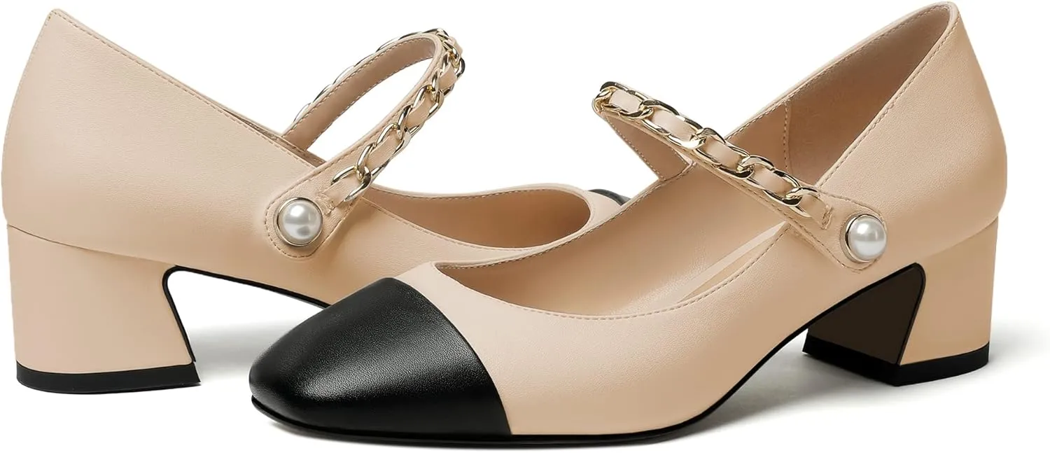 Eldof Women's Block Heeled Mary Janes Heels Square Cap Toe Low Chunky Heeled Pumps Office Wedding Dress Shoes 2 Inches