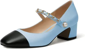 Eldof Women's Block Heeled Mary Janes Heels Square Cap Toe Low Chunky Heeled Pumps Office Wedding Dress Shoes 2 Inches