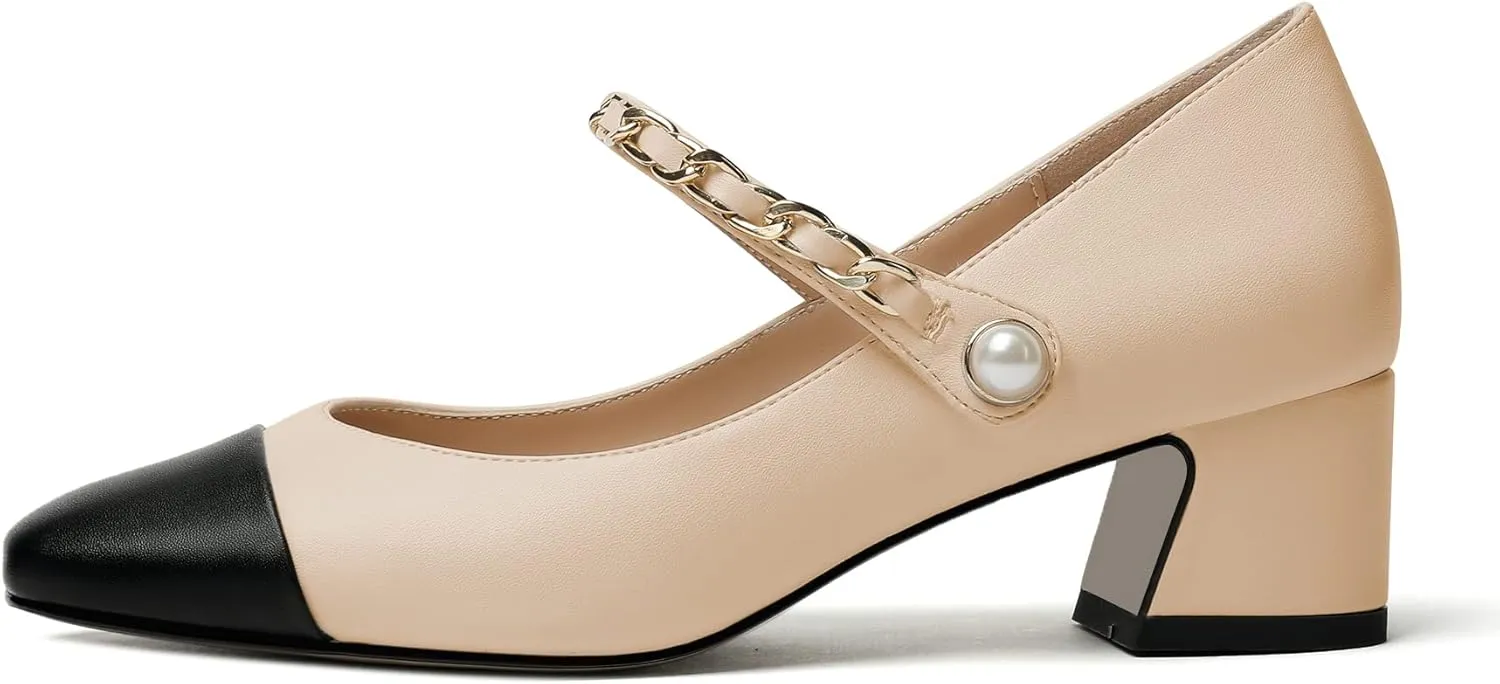 Eldof Women's Block Heeled Mary Janes Heels Square Cap Toe Low Chunky Heeled Pumps Office Wedding Dress Shoes 2 Inches