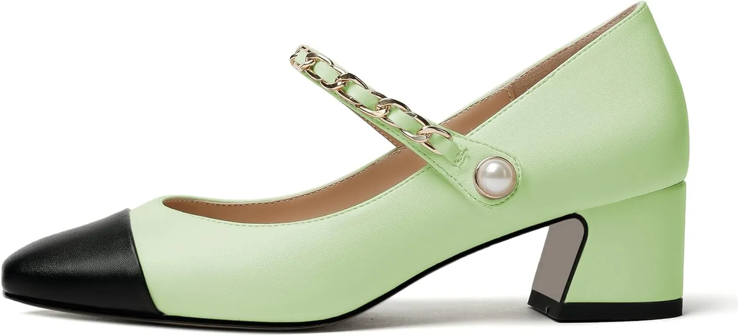 Eldof Women's Block Heeled Mary Janes Heels Square Cap Toe Low Chunky Heeled Pumps Office Wedding Dress Shoes 2 Inches