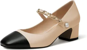 Eldof Women's Block Heeled Mary Janes Heels Square Cap Toe Low Chunky Heeled Pumps Office Wedding Dress Shoes 2 Inches