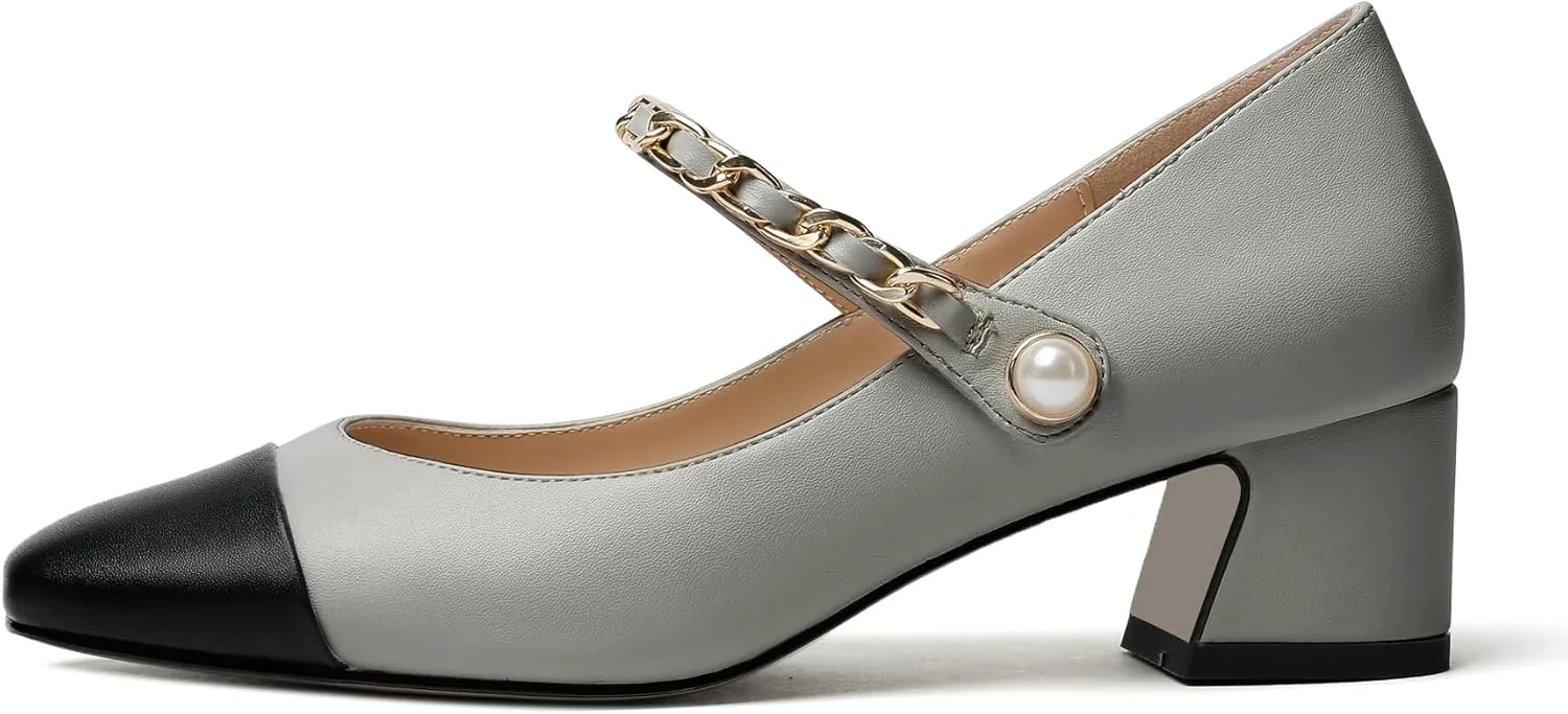 Eldof Women's Block Heeled Mary Janes Heels Square Cap Toe Low Chunky Heeled Pumps Office Wedding Dress Shoes 2 Inches