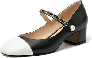 Eldof Women's Block Heeled Mary Janes Heels Square Cap Toe Low Chunky Heeled Pumps Office Wedding Dress Shoes 2 Inches