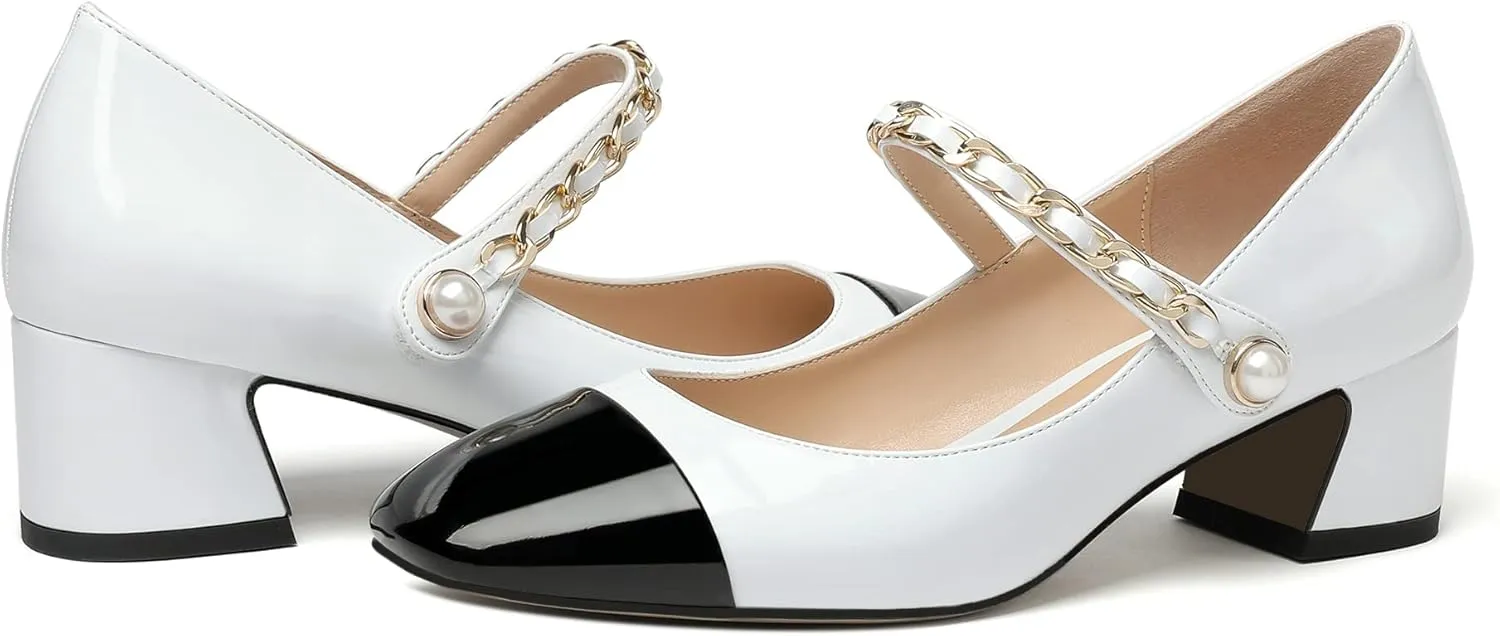 Eldof Women's Block Heeled Mary Janes Heels Square Cap Toe Low Chunky Heeled Pumps Office Wedding Dress Shoes 2 Inches