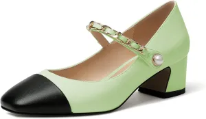 Eldof Women's Block Heeled Mary Janes Heels Square Cap Toe Low Chunky Heeled Pumps Office Wedding Dress Shoes 2 Inches