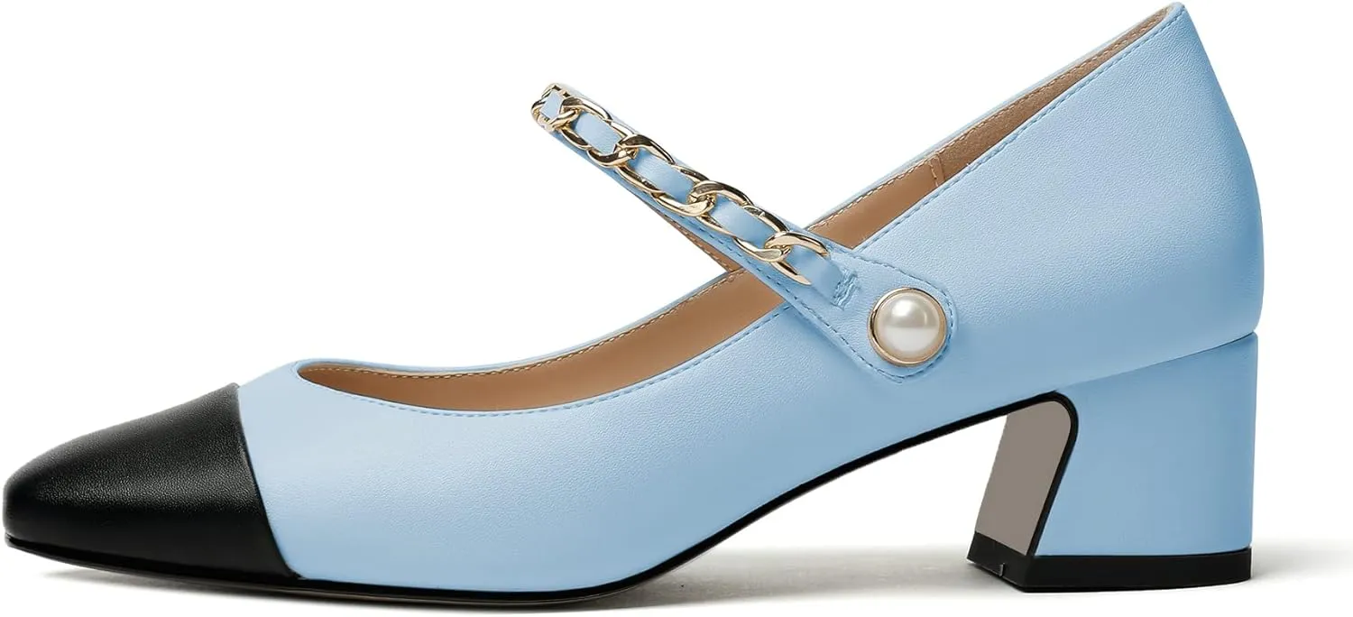 Eldof Women's Block Heeled Mary Janes Heels Square Cap Toe Low Chunky Heeled Pumps Office Wedding Dress Shoes 2 Inches