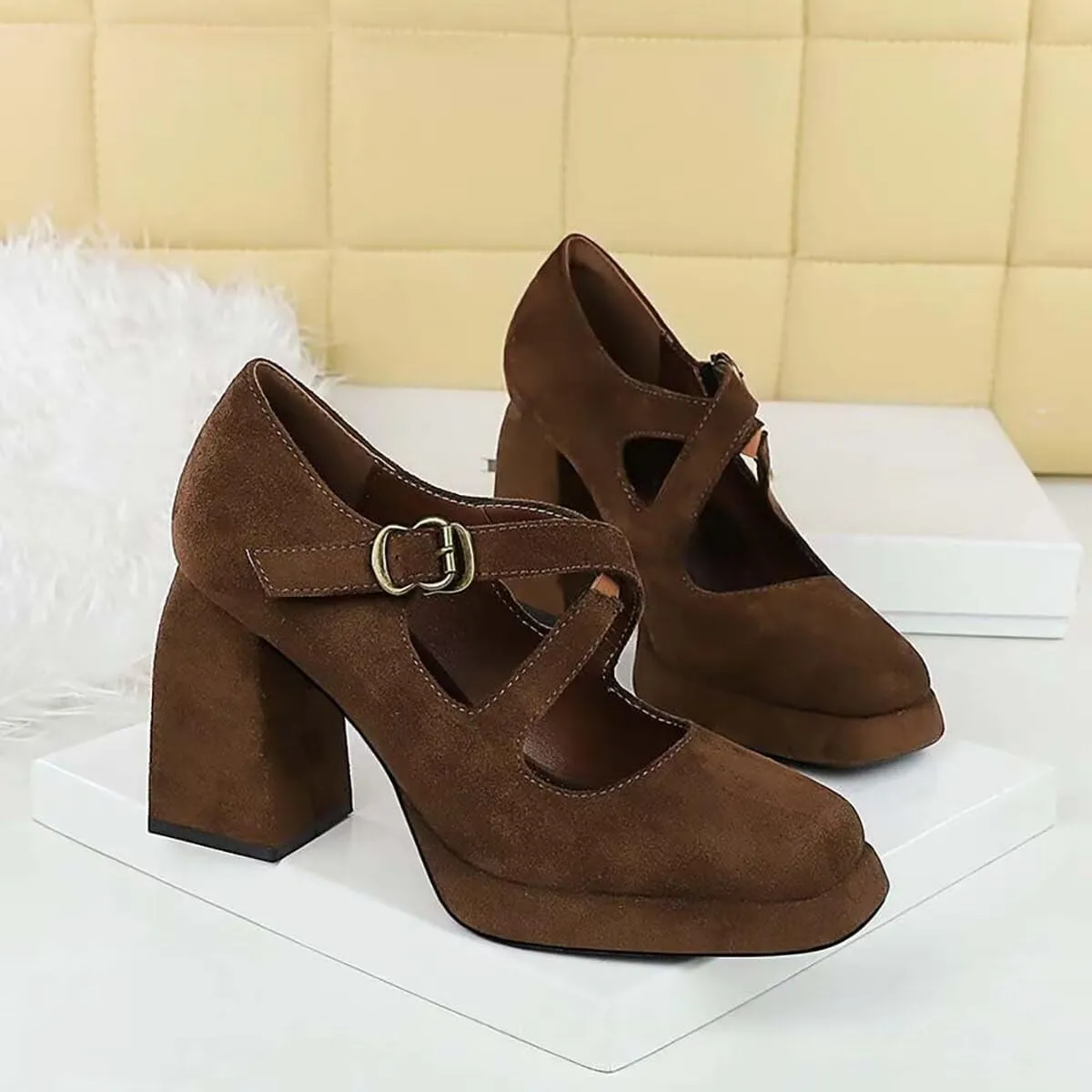 JOEupin Women Chunky High Heel Square Toe Loafer Pumps Platform Mary Jane Cross Strap Buckle Ladies Shoes