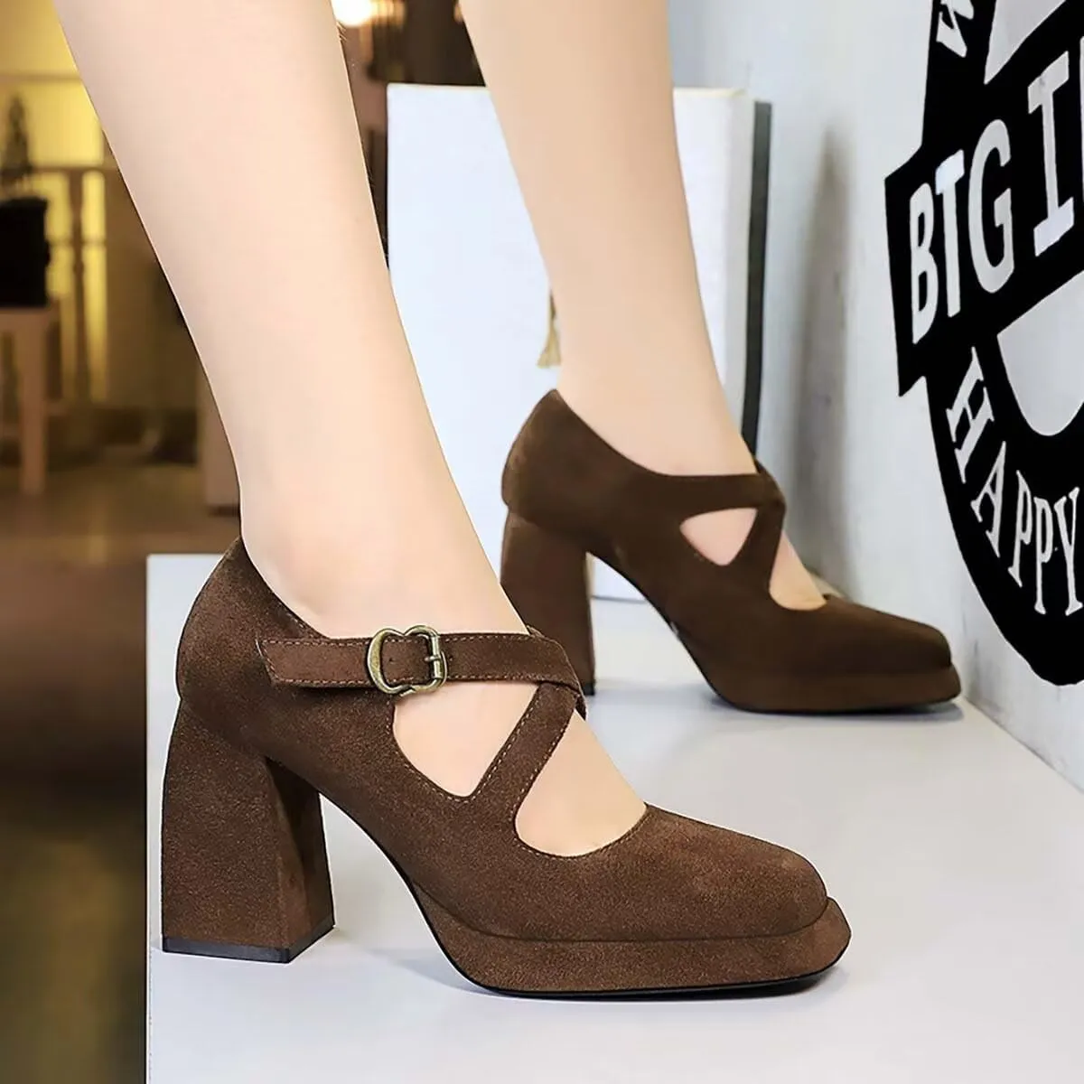JOEupin Women Chunky High Heel Square Toe Loafer Pumps Platform Mary Jane Cross Strap Buckle Ladies Shoes