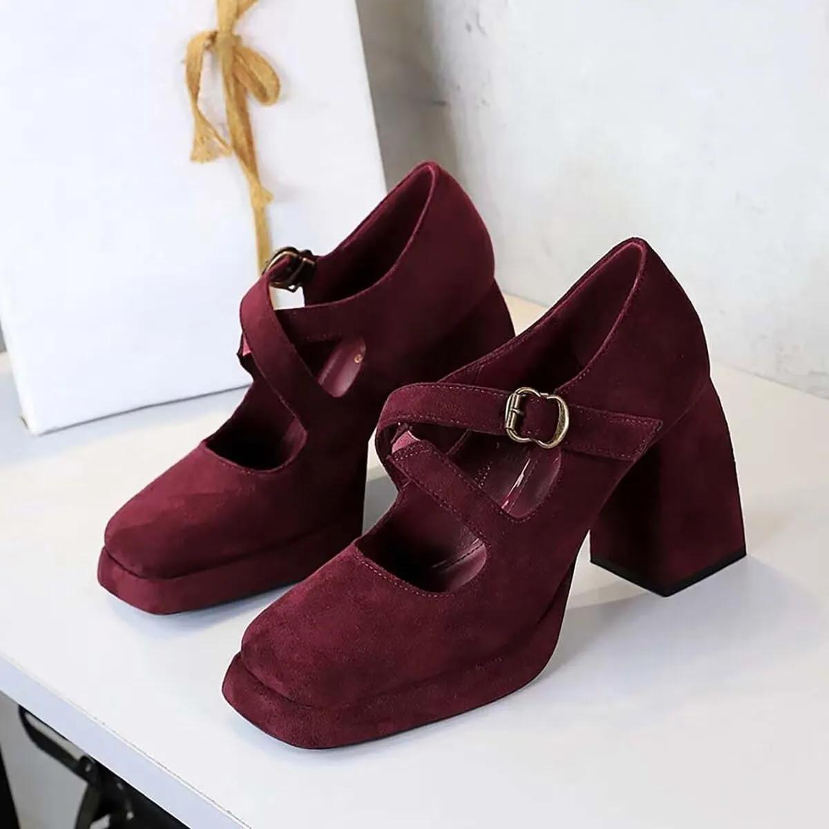 JOEupin Women Chunky High Heel Square Toe Loafer Pumps Platform Mary Jane Cross Strap Buckle Ladies Shoes