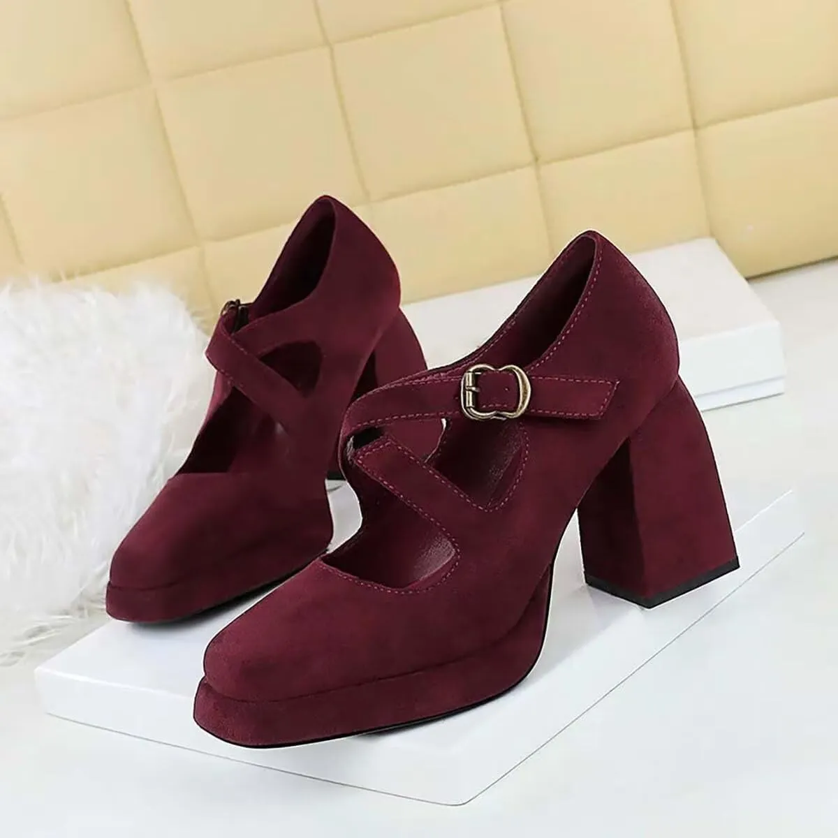 JOEupin Women Chunky High Heel Square Toe Loafer Pumps Platform Mary Jane Cross Strap Buckle Ladies Shoes