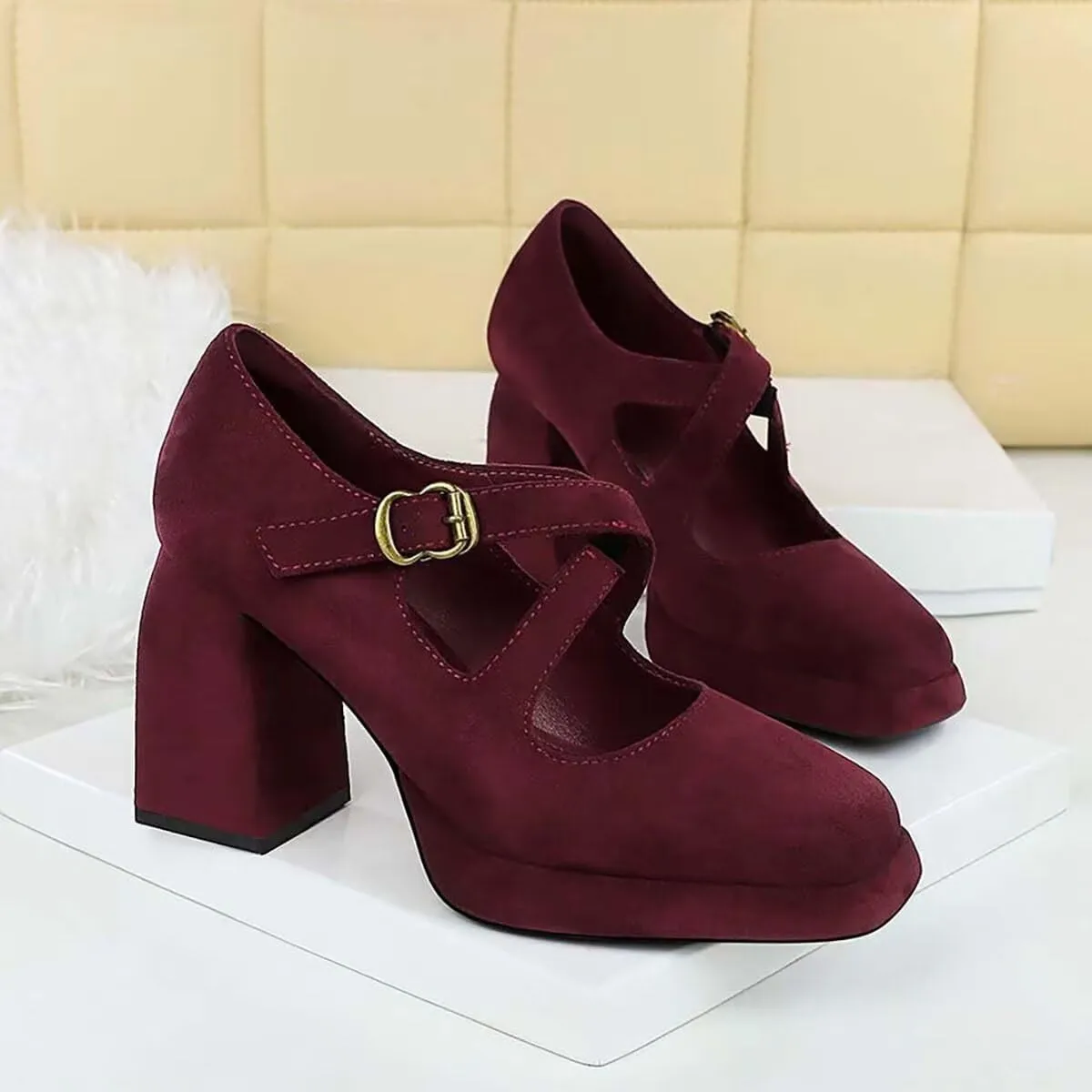 JOEupin Women Chunky High Heel Square Toe Loafer Pumps Platform Mary Jane Cross Strap Buckle Ladies Shoes