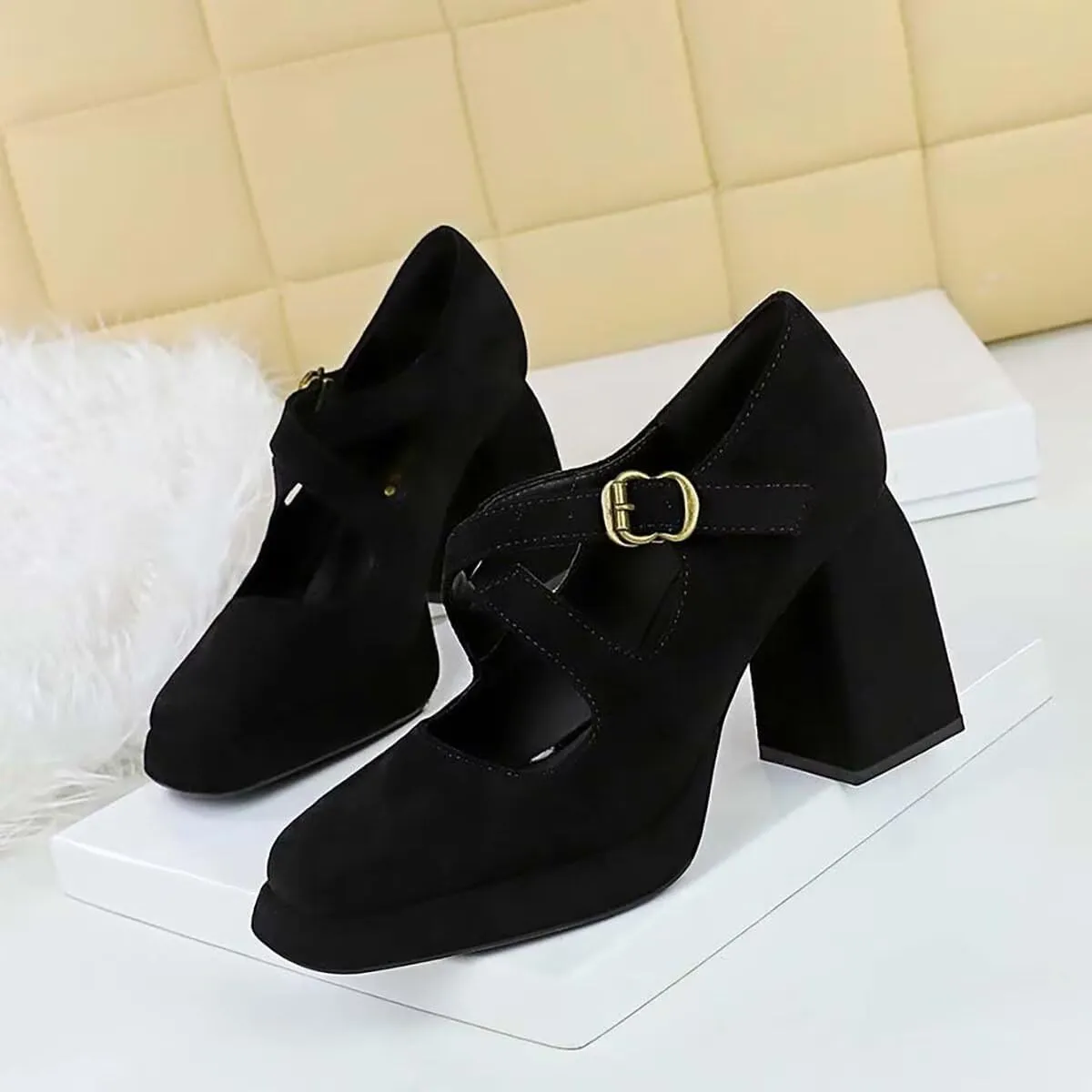 JOEupin Women Chunky High Heel Square Toe Loafer Pumps Platform Mary Jane Cross Strap Buckle Ladies Shoes