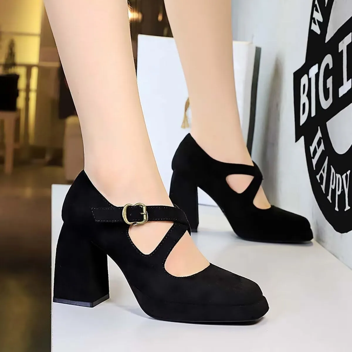 JOEupin Women Chunky High Heel Square Toe Loafer Pumps Platform Mary Jane Cross Strap Buckle Ladies Shoes