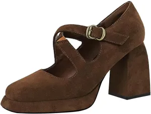 JOEupin Women Chunky High Heel Square Toe Loafer Pumps Platform Mary Jane Cross Strap Buckle Ladies Shoes