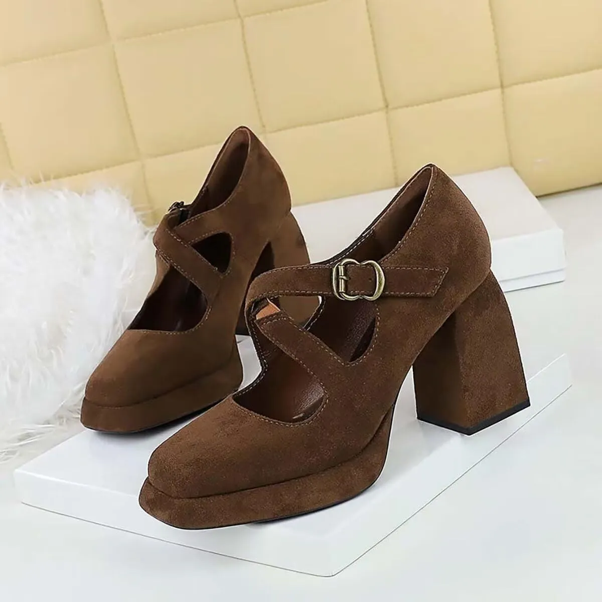JOEupin Women Chunky High Heel Square Toe Loafer Pumps Platform Mary Jane Cross Strap Buckle Ladies Shoes