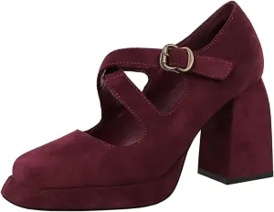 JOEupin Women Chunky High Heel Square Toe Loafer Pumps Platform Mary Jane Cross Strap Buckle Ladies Shoes