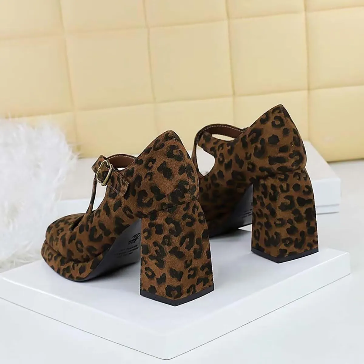 JOEupin Women Chunky High Heel Square Toe Loafer Pumps Platform Mary Jane Cross Strap Buckle Ladies Shoes