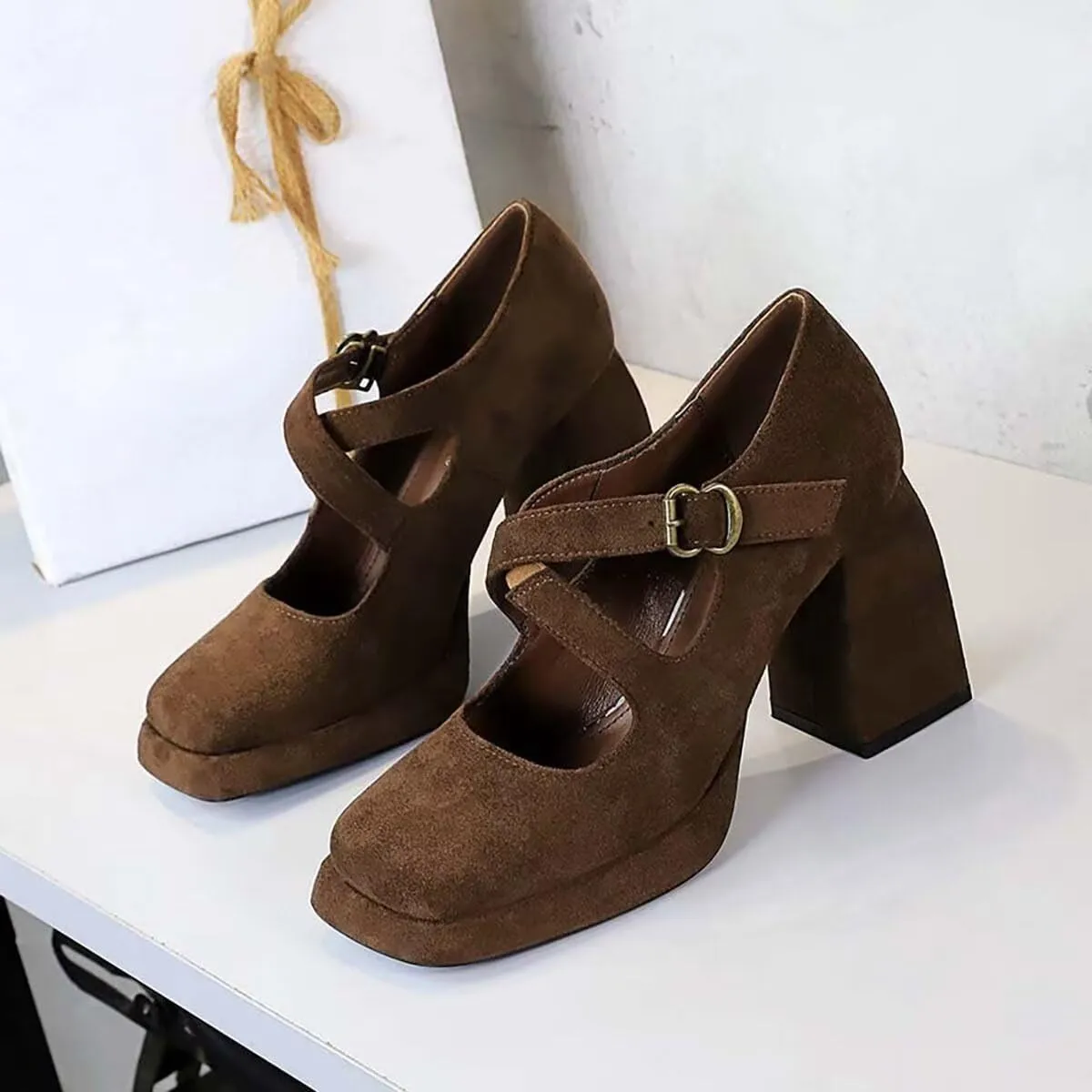 JOEupin Women Chunky High Heel Square Toe Loafer Pumps Platform Mary Jane Cross Strap Buckle Ladies Shoes