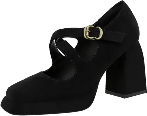 JOEupin Women Chunky High Heel Square Toe Loafer Pumps Platform Mary Jane Cross Strap Buckle Ladies Shoes