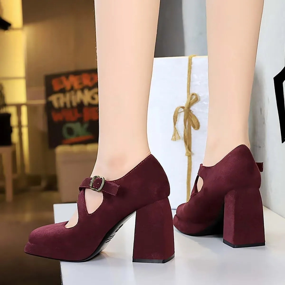 JOEupin Women Chunky High Heel Square Toe Loafer Pumps Platform Mary Jane Cross Strap Buckle Ladies Shoes
