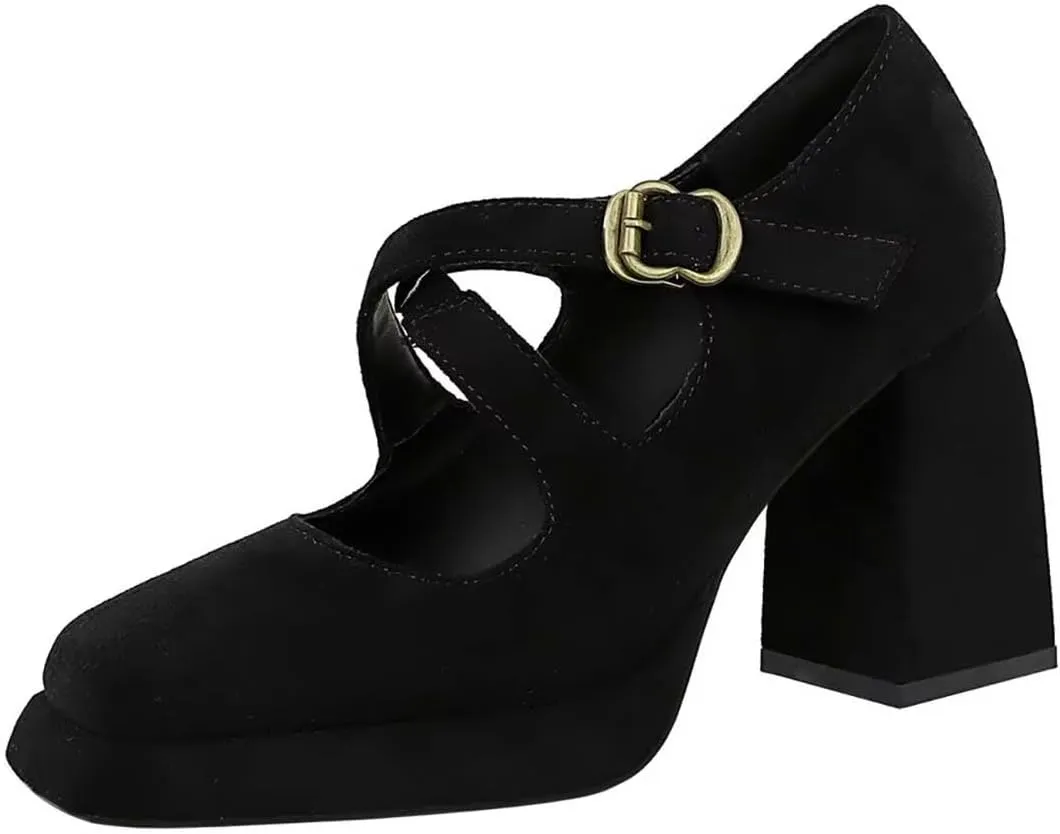 JOEupin Women Chunky High Heel Square Toe Loafer Pumps Platform Mary Jane Cross Strap Buckle Ladies Shoes