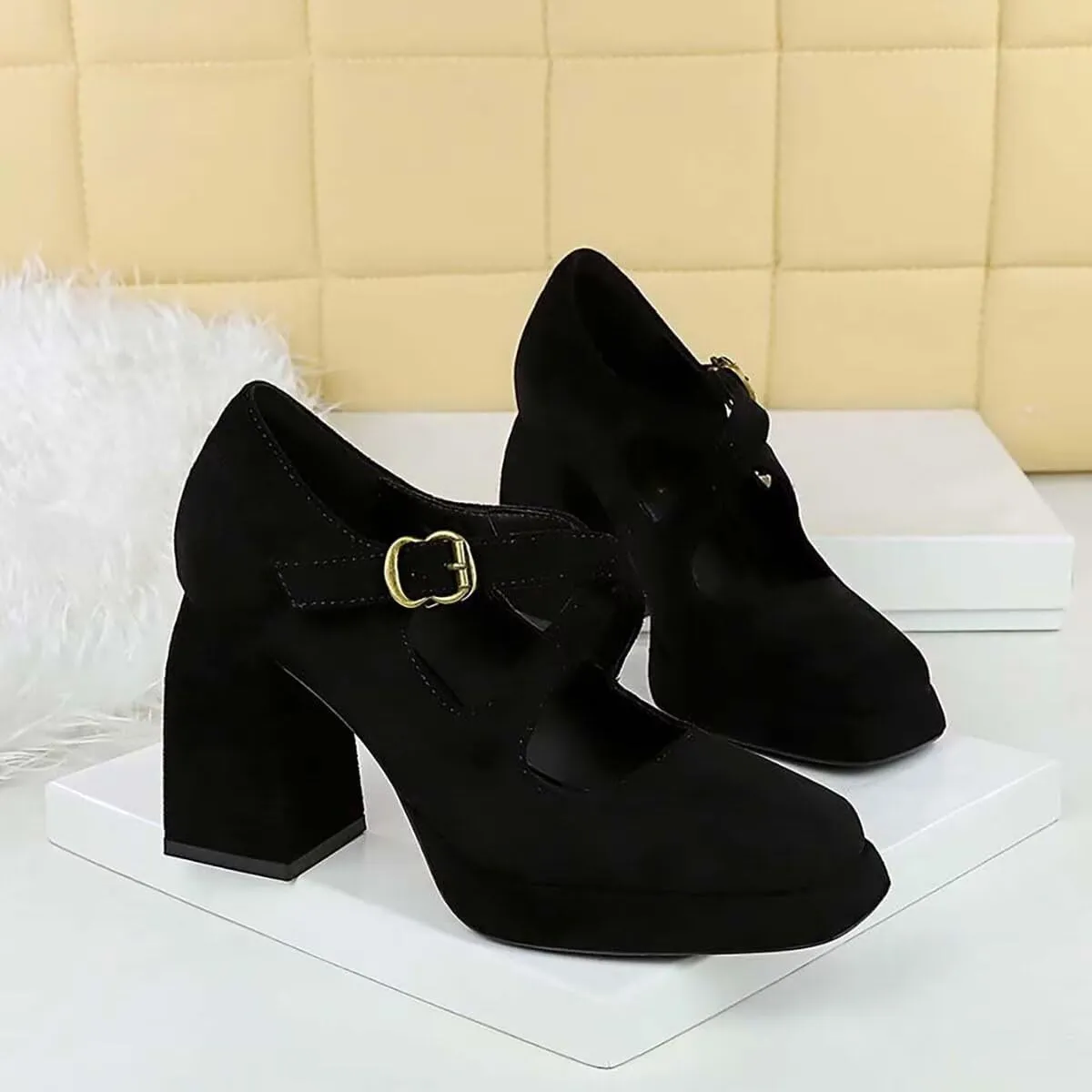 JOEupin Women Chunky High Heel Square Toe Loafer Pumps Platform Mary Jane Cross Strap Buckle Ladies Shoes